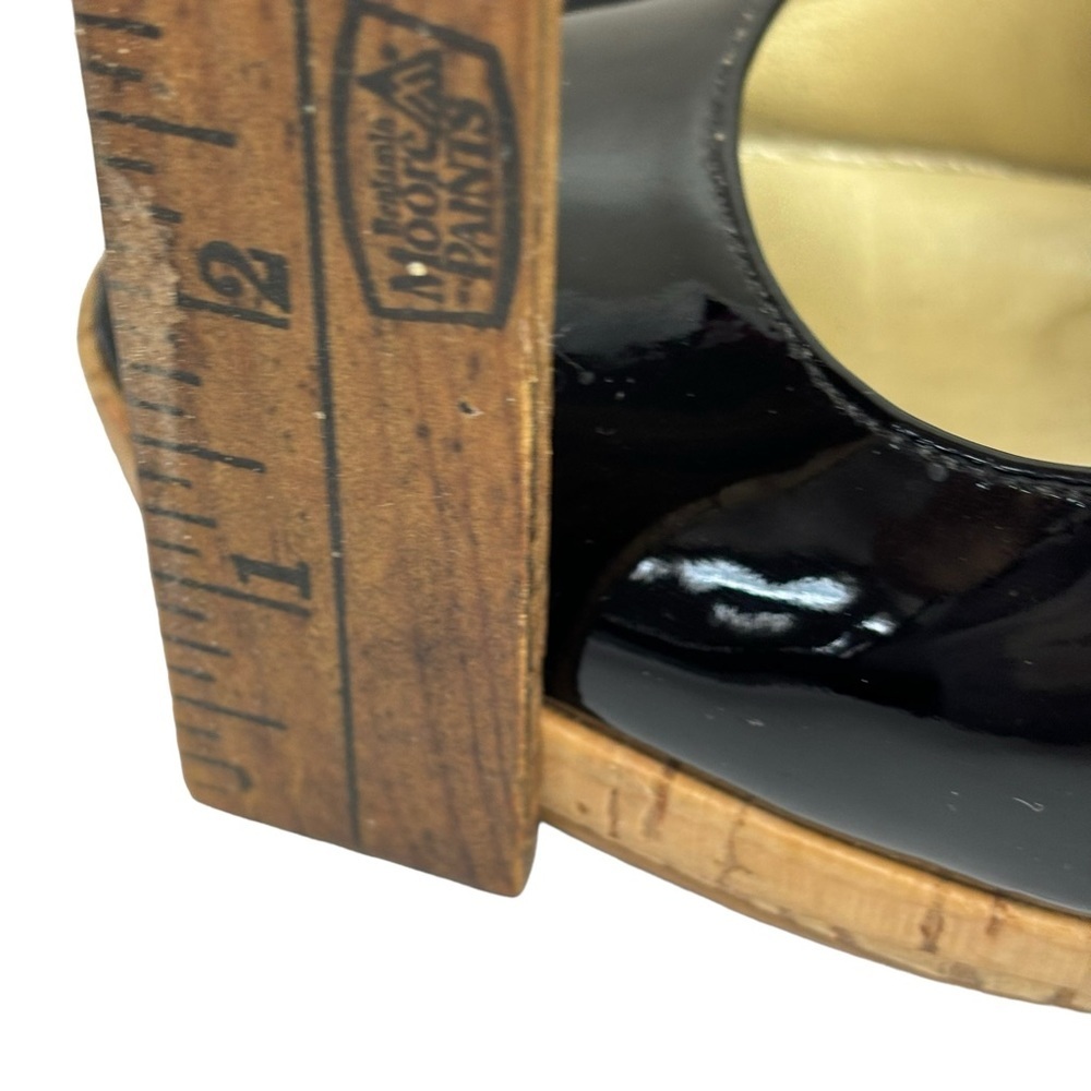 Franco Sarto Black Patent 4” Platform Cork Wedge Ankle Strap Open Toe Size 8 - Picture 7 of 10